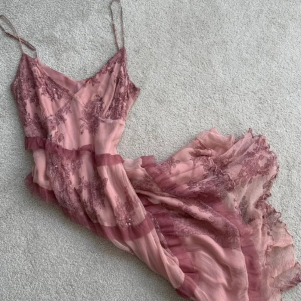 Beautiful Rene Derhy blush link sequinned florals ruffle fairycore dress